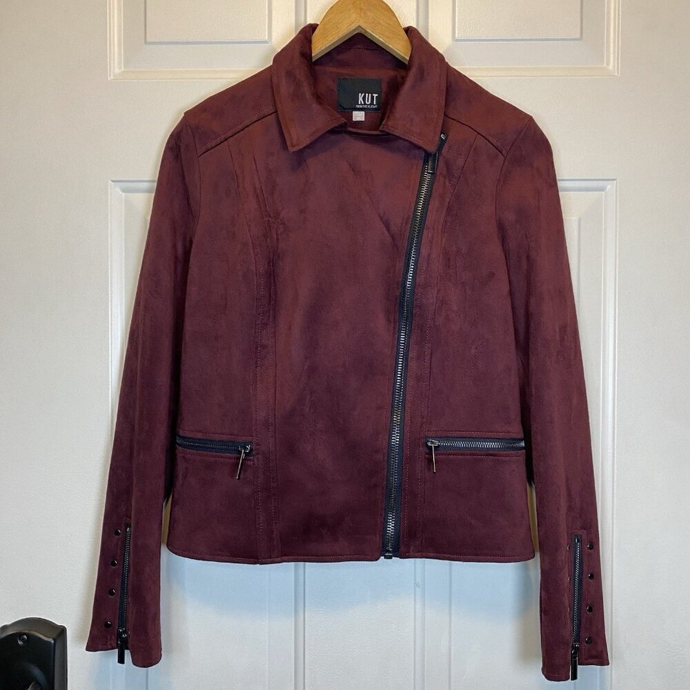 KUT From The Kloth Moto Jacket Womens Sz XS Burgundy Faux Suede Asymmetrical Zip - Picture 2 of 14